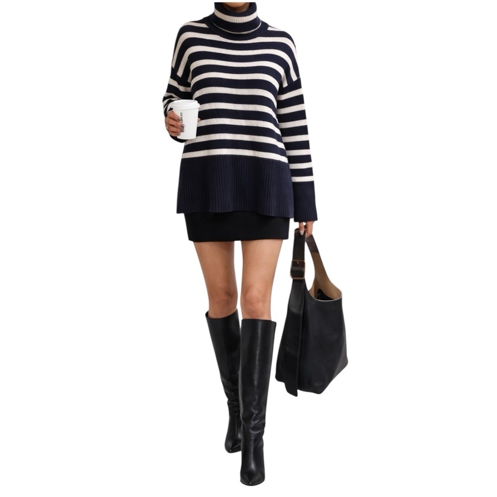 GAP 24/7 Navy Breton Horizontal Stripe Cotton Turtleneck Medium Coastal Cozy